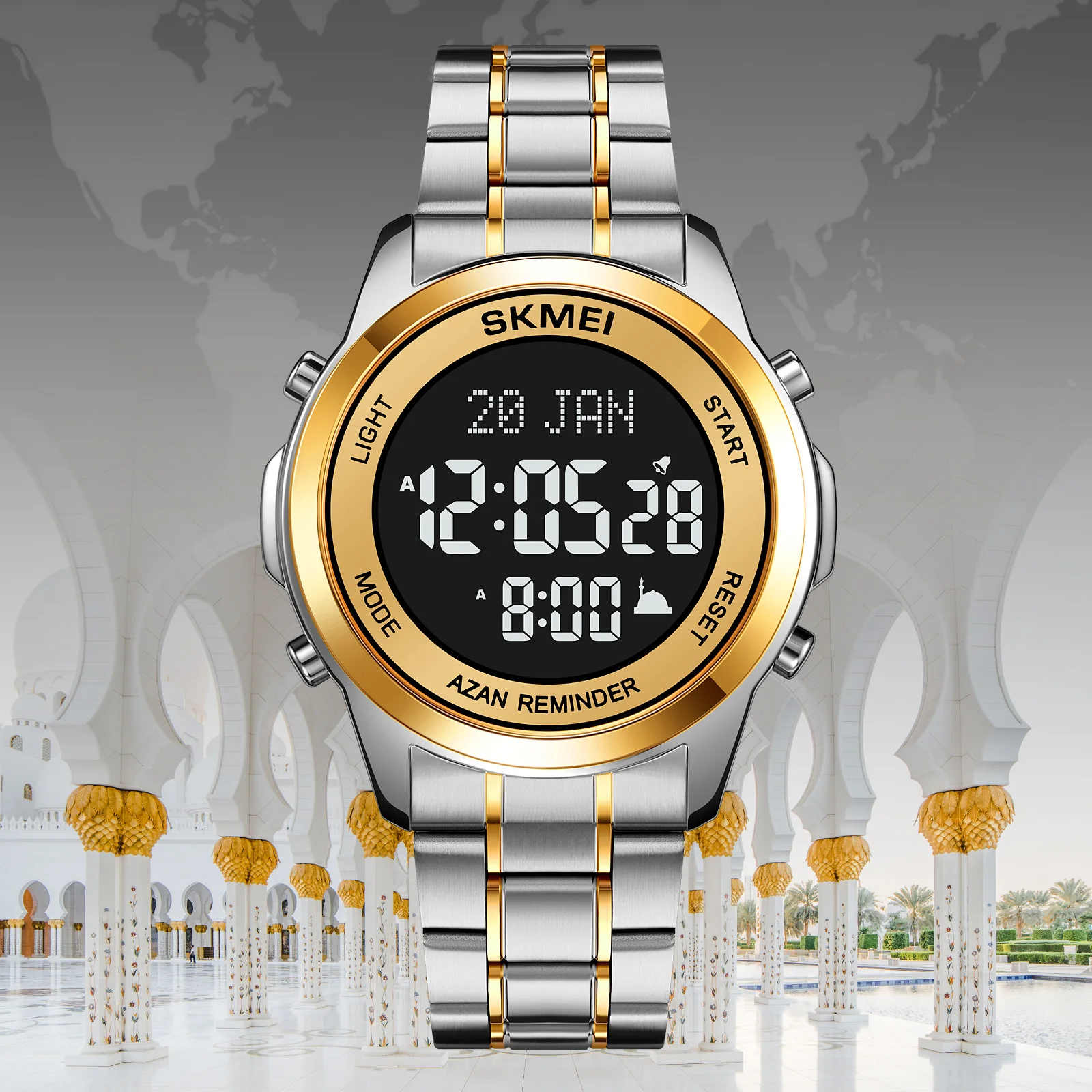 SKMEI 2097 Azam Digital Watch for Man Qibla Name Display Pilgrimage Time Reminder Stainless Steel Wristwatches