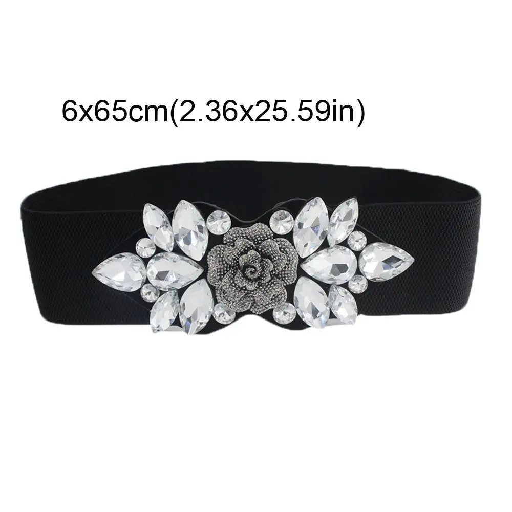 Fascia elastica con fiore rosa di personalità Cintura larga da donna in stile coreano Cintura con cinturino nero Giacca con cintura in vita con strass