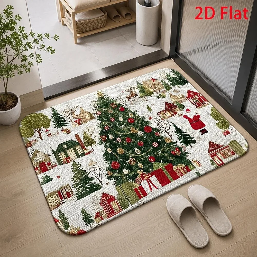Cute Folk Xmas Doormat Colorful Stylized Pine Tree Berry Snowflake Pattern for Entryway Household Interior Floor Home Decoration