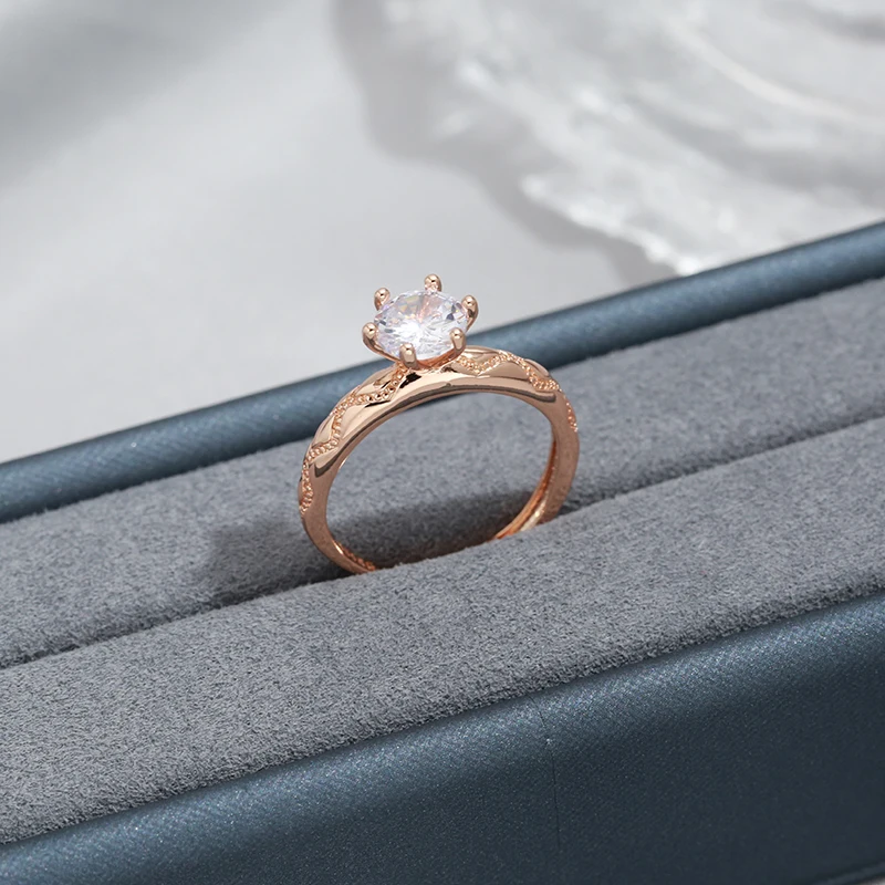 Gulkina Classic Six Prong Diamond Ring 585 Rose Gold Color Inlaid Natural Zircon Adjustable Size Women's Proposal Ring Jewelry