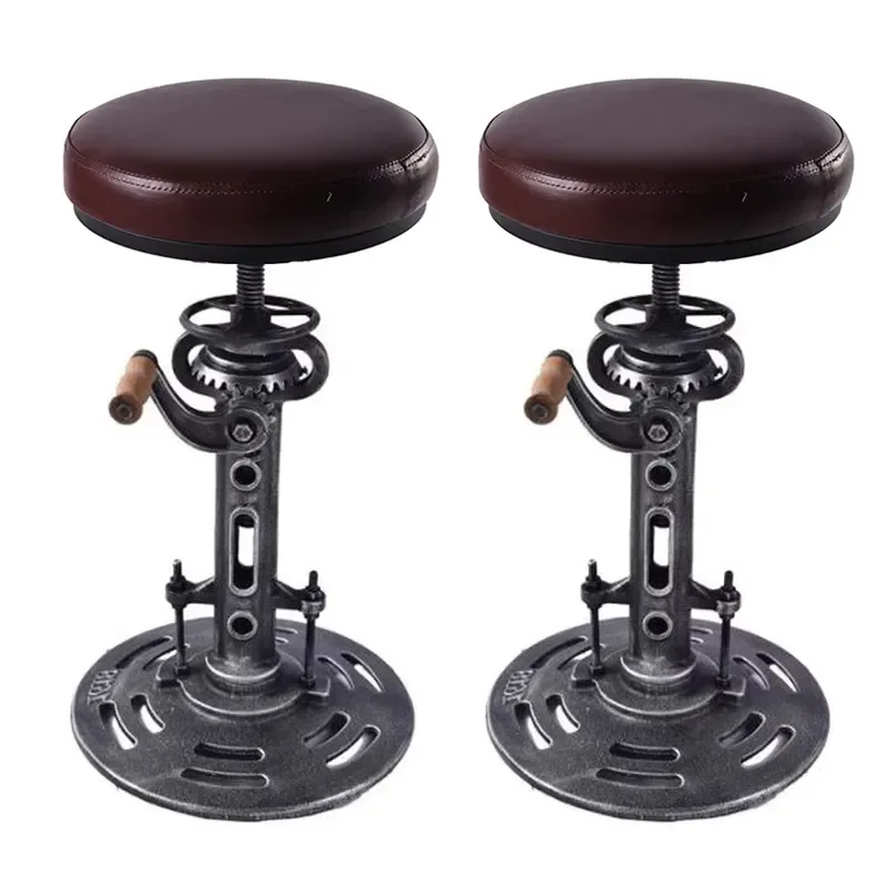 Retro Restaurant Bar Stools Cast Iron Bar Stool Height Adjustable Swivel PU Seat Bar Stool