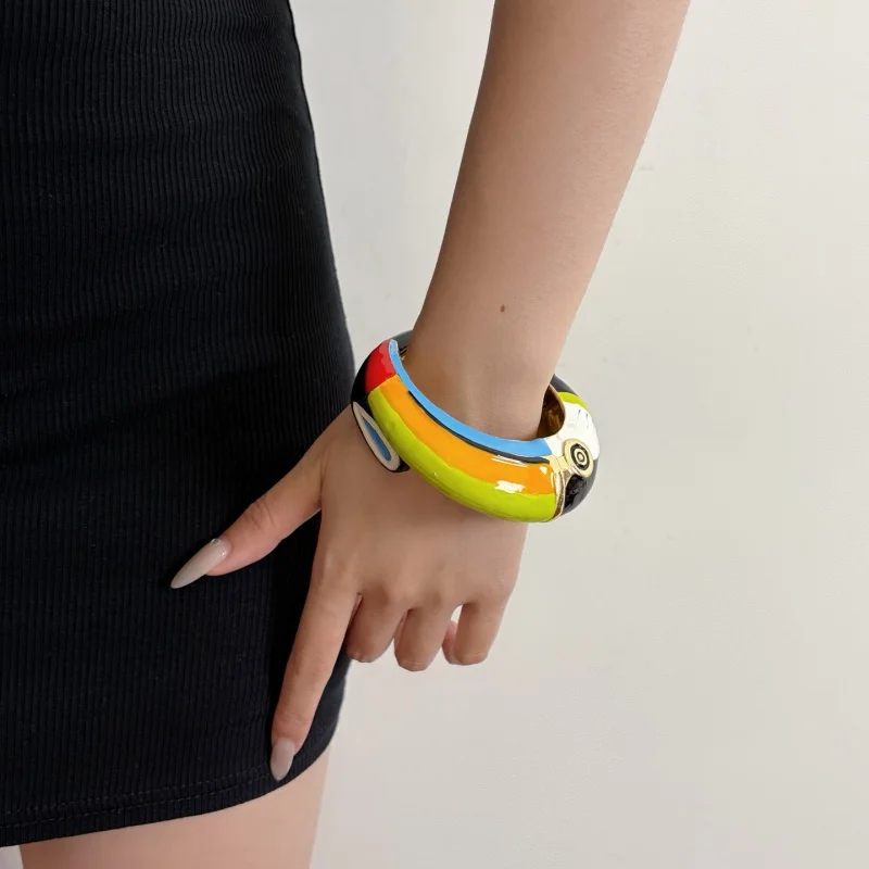 Unique Abstract Multicolor Enamel Cuff Bracelet, Artistic Color Block Open Bangle, Retro Statement Jewelry