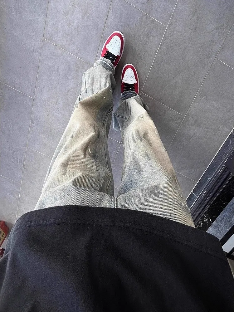 

Мужские джинсы Tie-Dye CleanFit Splatter Denim: осенне-зимние, в американском уличном стиле, свободные, прямые, длинные брюки