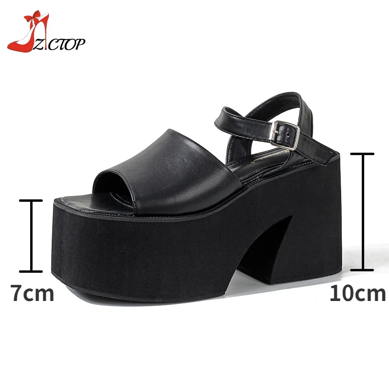 10CM Platform High Heels Chunky Strappy Sandals Women Open Toe Ankle Buckle White Black Punk Shoes Female Summer Big Size 40 41