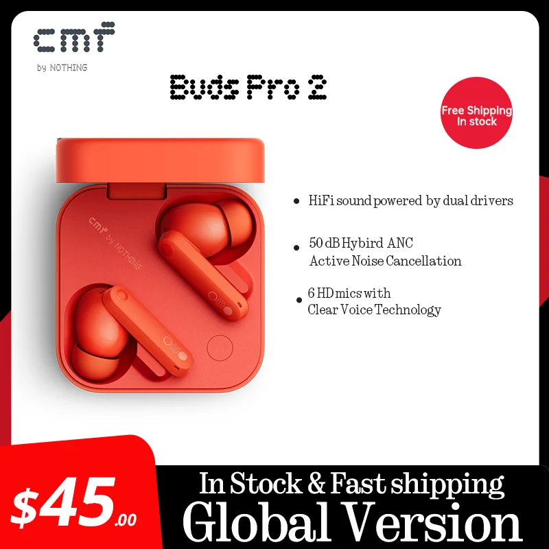 Global Verison CMF by Nothing Buds Pro 2 with 50 dB Hybrid Active Noise Cancellation 6 HD MICS IP55 Bluetooth 5.3 Buds Pro2