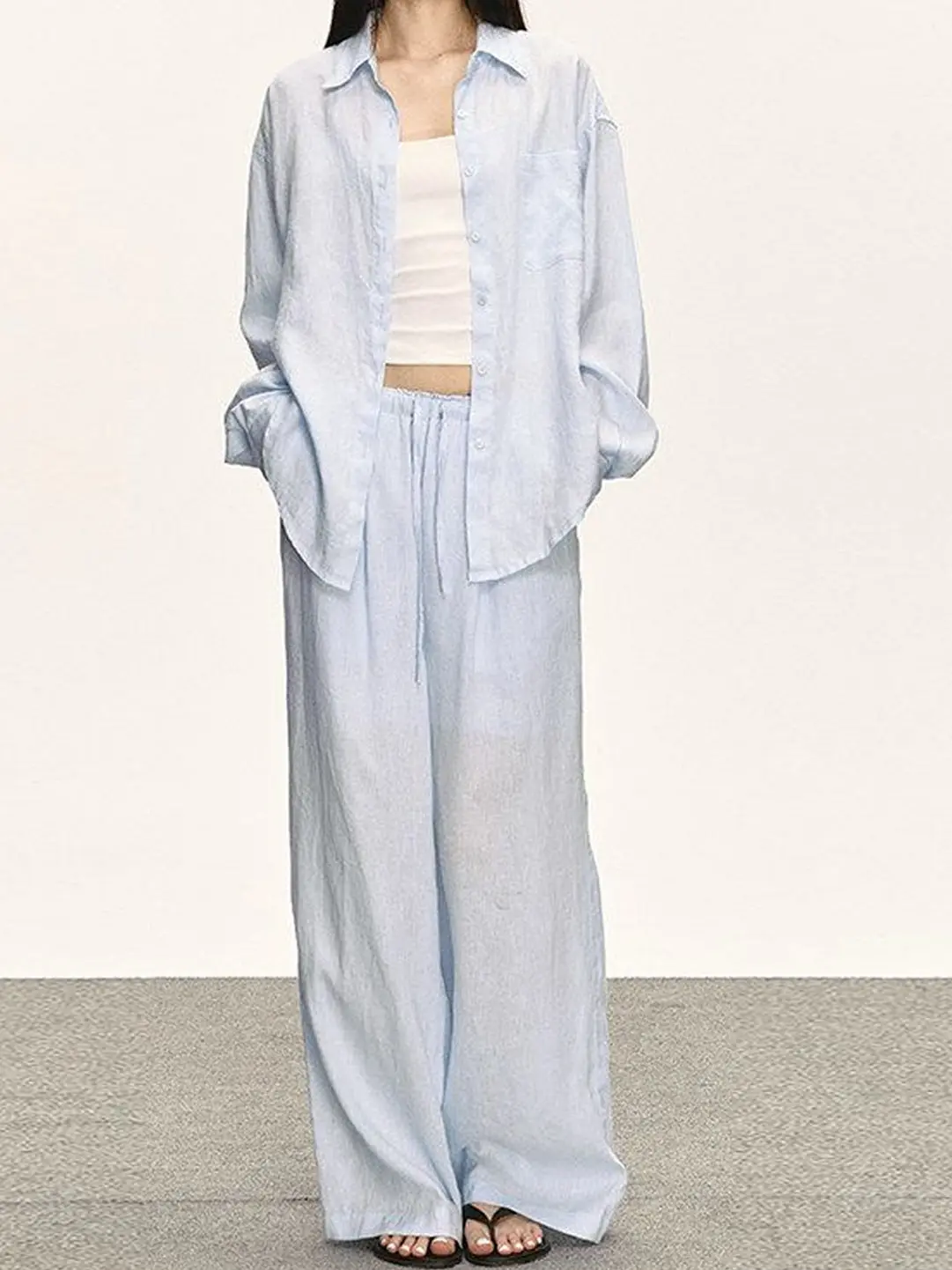 Loose Fashion Long Sleeve Shirt Women's Spring New Casual Pants Set High Waist Button up Pure Color Commute Style Adult Women