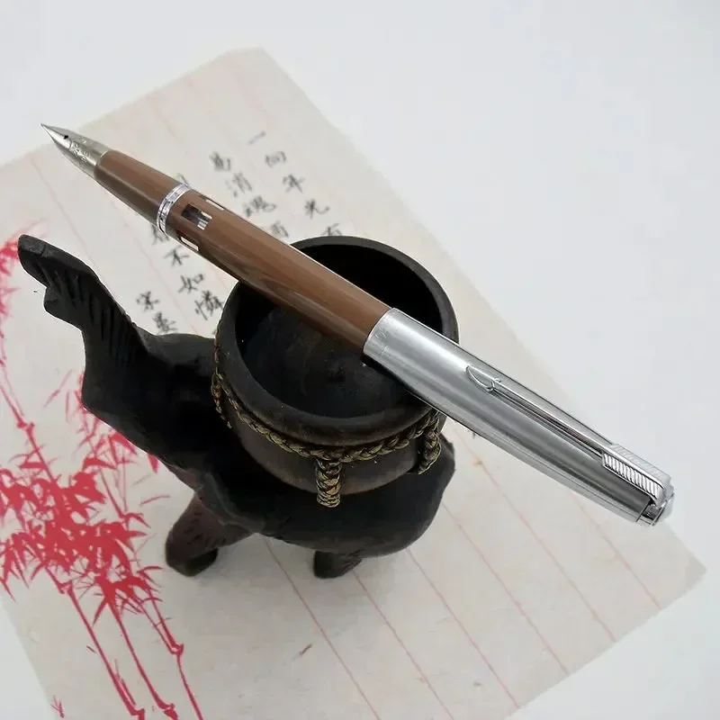 New Wingsung 601A Piston Ink Fountain Pen F M Bent Curved 0.5 0.7 Nib Writing Ink Pen Gray Brown Colors with Window School Gift