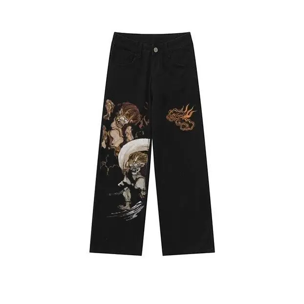Retro Gothic Dark Pattern Printed Y2K Streetwear Loose Straight Leg Wide Leg Jeans High Street Fashion Casual Wear All Seasons