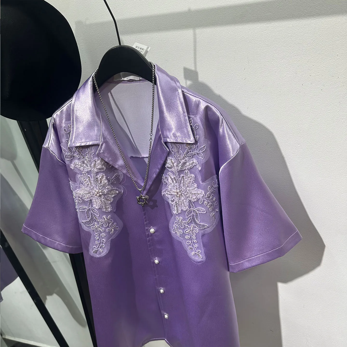 Cuban Collar Purple Loose Short Sleeve Shirt Men's Three-Dimensional Embroidery Beads Old Money Light Luxury Top Fashion