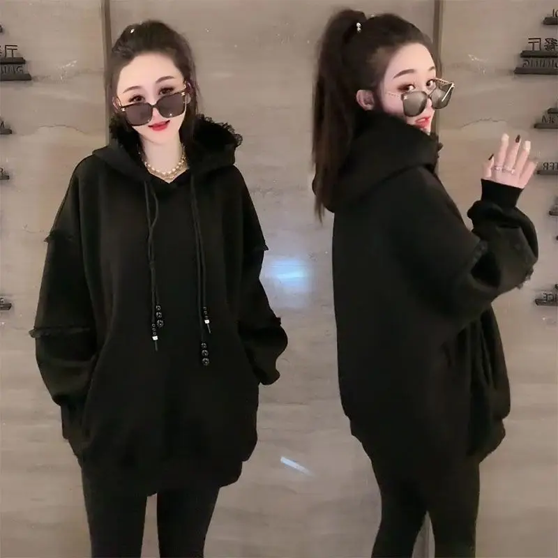 Oversized Women Lace Fleece Hoodies 2025 Female Casual Sweatshirt Korean Style Autumn Long Sleeve Hooded Winter Woman Pullovers