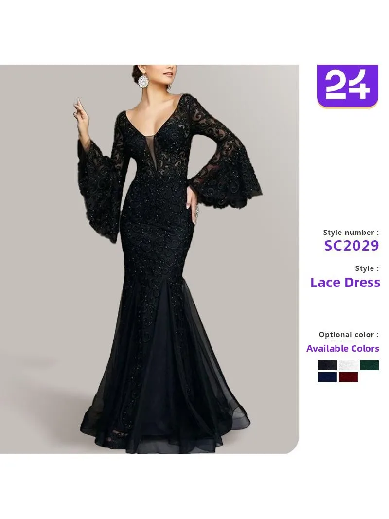 

2025 New Women's Lace Embroidery Slim Fit Bla Fi Tail Evening Dr Long Sve Midi Dr Polyester Fiber KTV Ball Gown