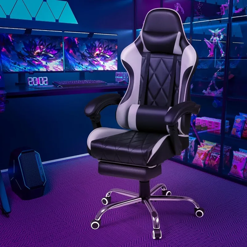 Gaming Chair with Footrest and Massage Lumbar Support, Ergonomic Computer Seat Height Adjustable with 360°Swivel and Headrest