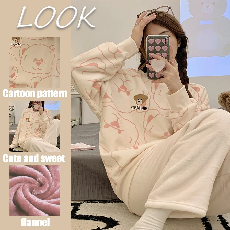 Fleece Thick Warm Women\'s Pajamas Winter Animal Prints Cute Sweet Pajamas Women Set Round Neck Pullover Flannel Warm Sleepwear