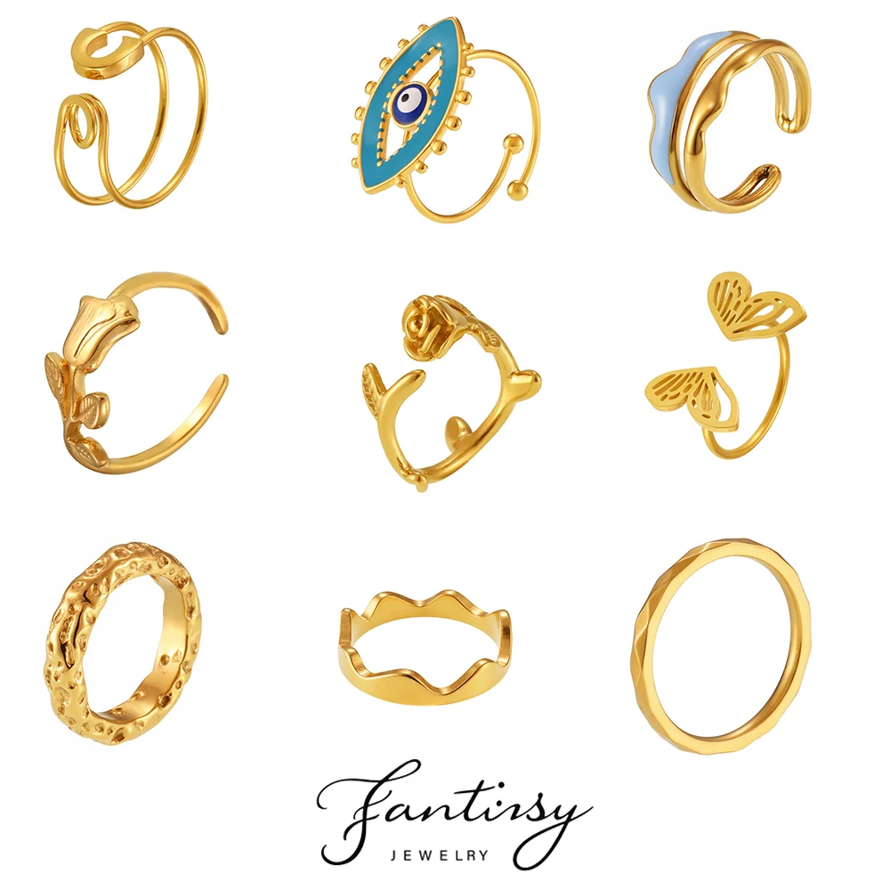 Mehrere Stile 316L Edelstahl vergoldet Ring für Frauen Mode Teufelsauge Blume Herz Ring Mädchen Schmuck Geschenk