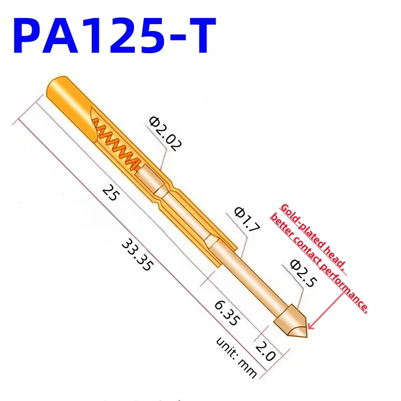 100PCS PA125-T2 Spring Test Probe PA125-T Test Pin P125-T P125-T2 Test Tool 33.35mm 2.02mm Needle Gold Tip Dia 2.50mm Pogo Pin