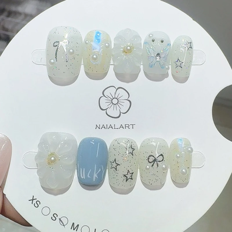

10PCS Handmade Press on Nails 3D Flower Daisy Print Short Oval Head Fake Nails Wearable Shiny Pearl Pink Bow Fake Nail Tips