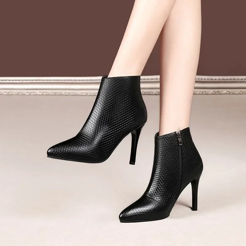 Leather   High Heels Autumn Winter Side Zipper Women's Boots Pumps Party Office Lady Shoes Woman