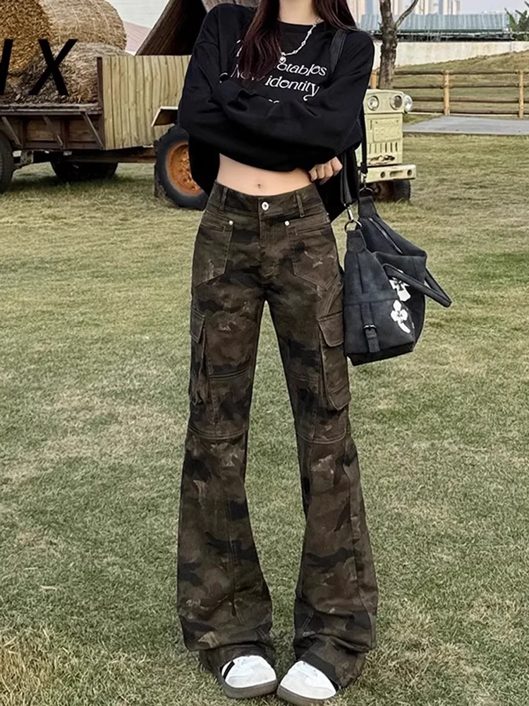 

American Retro Camouflage Jeans Men Women Multi ket Design Workwear Straight Leg Slimming Flared Pants Youth Faion