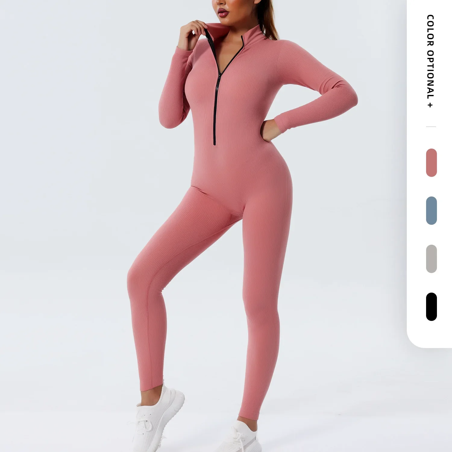 Long Jumpsuit Ribbed Yoga Rompers for Ladies Zipper Fitness Overalls Sports Bodysuit Gym Set Full Body Women Workout Clothes