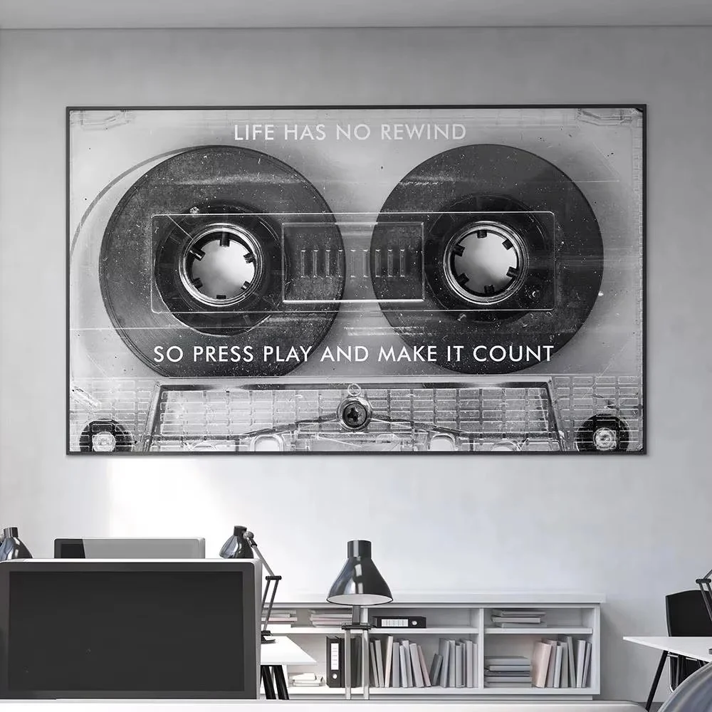 Motivational Cassette Poster Vintage Black White Canvas Print Life Has No Rewind Quote Wall Art Painting Home Decoration Picture