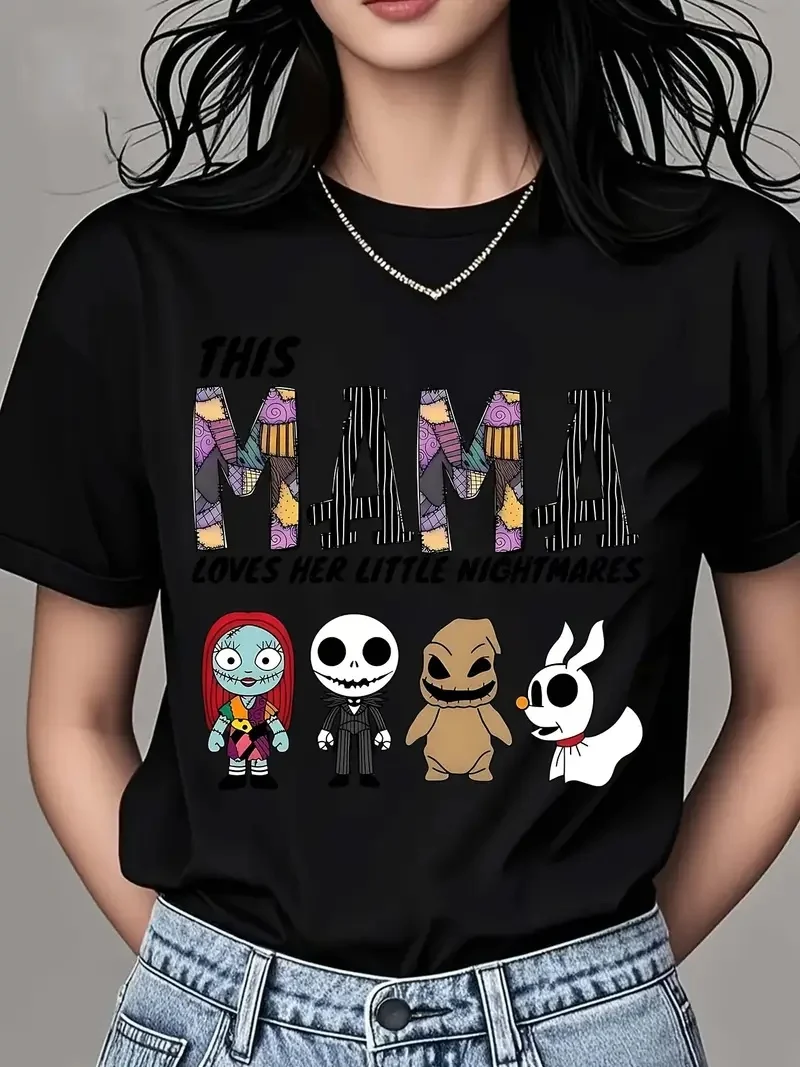 

2025 Disney Pattern Printed Women's Casual Comfortable Unique Smiling Face Black Round Neck Short Sleeve T-shirt