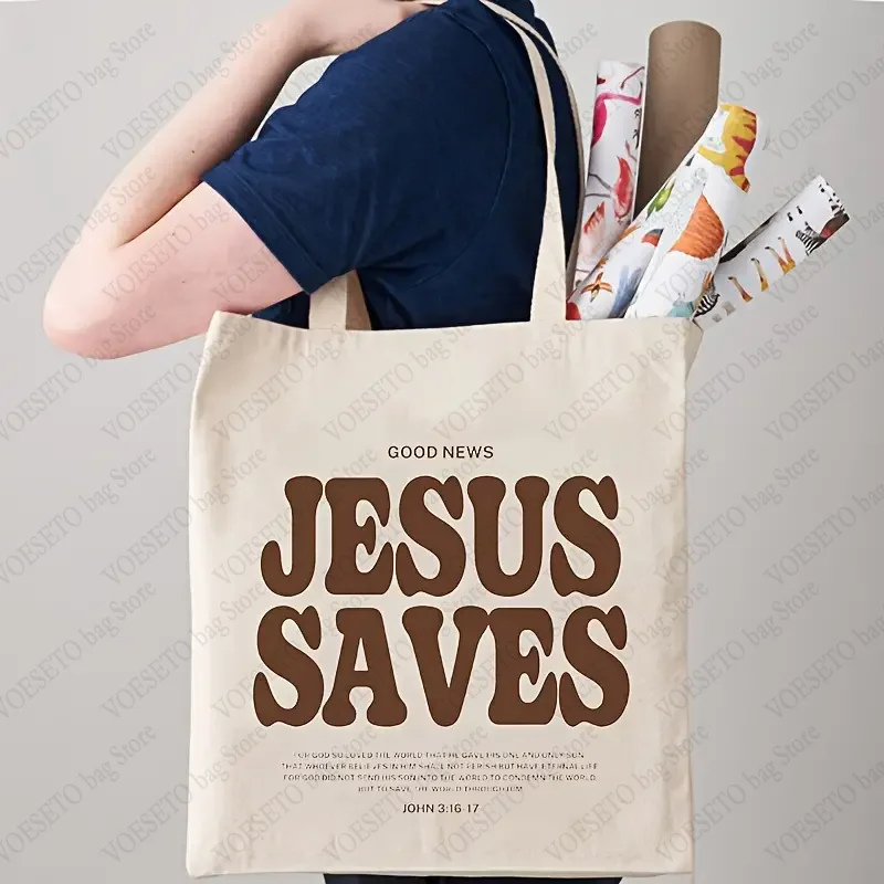 Cood News Jesus Saves Pattern Canvas Shoulder Tote Bags Casual Shopping Tote Christ Religion Christian Faith Shopper HandBag