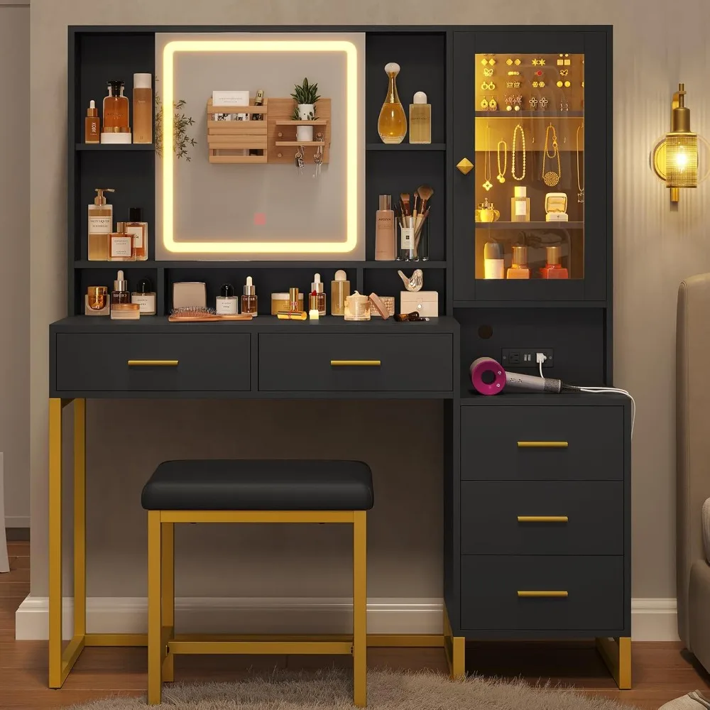 Makeup Vanity with Upholstered Stool & Charging Station Vanity Desk with RGB Lights & 5 Drawers & Shelves Vanity Set