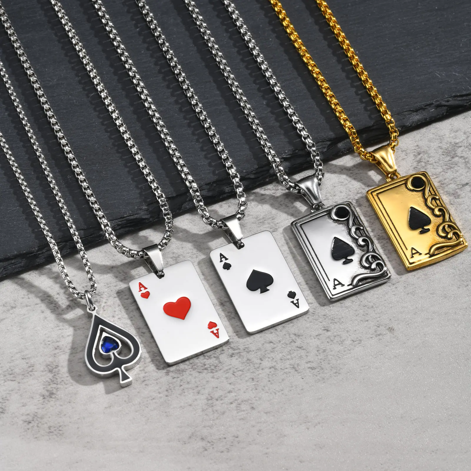Vnox Men Stainless Steel Poker Ace Pendant Necklace, Ace of Hearts Spades Card Chain Hip Hop Punk Lucky Jewelry Gift for Him