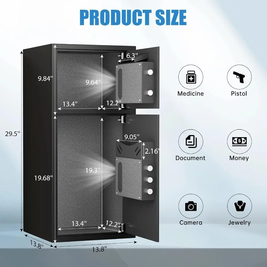 صندوق أمان كبير مزدوج الباب مقاوم للحريق ومقاوم للماء بطول 6.5 قدم مكعب آمن مع ضوء LED ونظام إنذار مزدوج خزائن منزلية رقمية