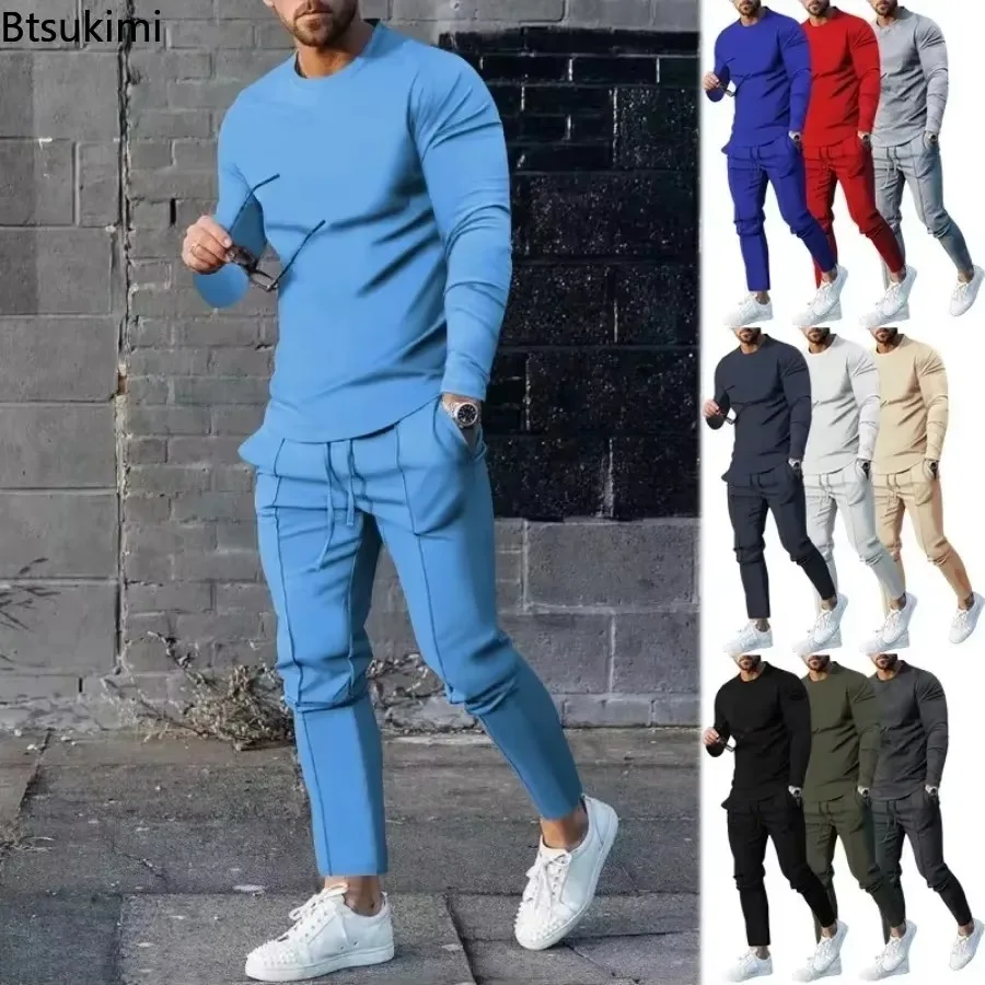 2025 Spring New Men\'s Casual Sport Two-pieces Fashion Solid Long Sleeve O-neck T-shirt and Sweatpants Suits Men Tracksuit Outfit