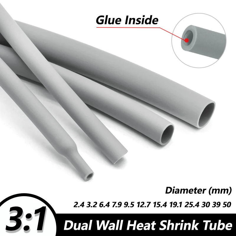 Grey 3:1 Heat Shrink Tube Double Wall With Glue Cable Sleeving Diameter 2.4/3.2/4.8/6.4/7.9/9.5/12.7/15.4/19.1/25.4/30/39/50mm