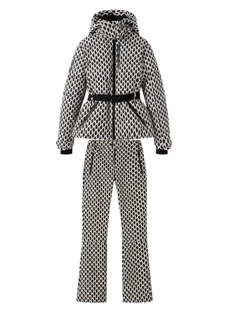 Two PCS Pants Set Women's Winter Hooded Padded Sport Parkas Belt Female Elegant Warm Windproof Skiing Coats Jackets Trousers