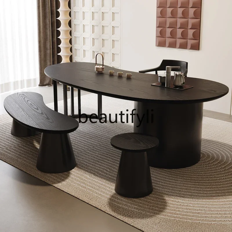 

High-end tea table and chair combination tea table balcony black tea table kettle integrated embedded