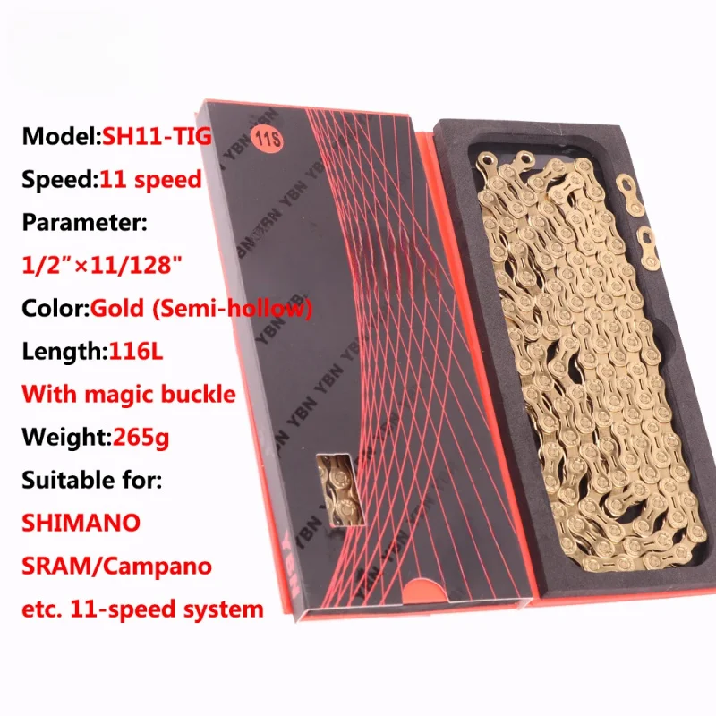 

For YBN 11-Speed Bicycle Chain 116L - Gold Hollow Pin Compatible with Shimano, SRAM, Campagnolo