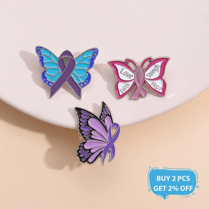 Ribbon Butterfly Enamel Pin Domestic Violence Awareness Breast Cancer Awareness Brooch Guarding Mental Health Badge For Women