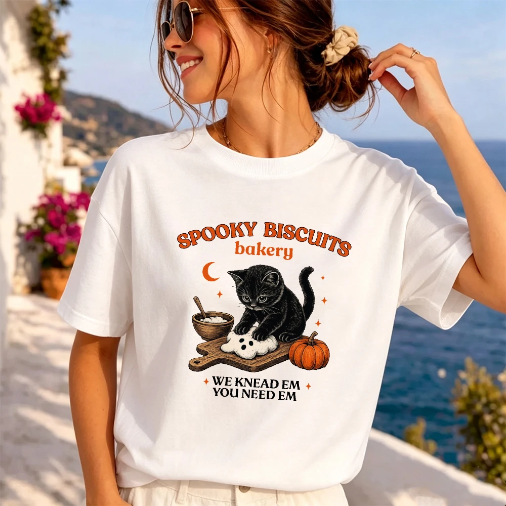 Spooky Biscuits Kneading Cat Women Bakery Food Graphic T-Shirt Halloween Cat Cooking Top Home Baking Wear Cute Kitchen Shirt