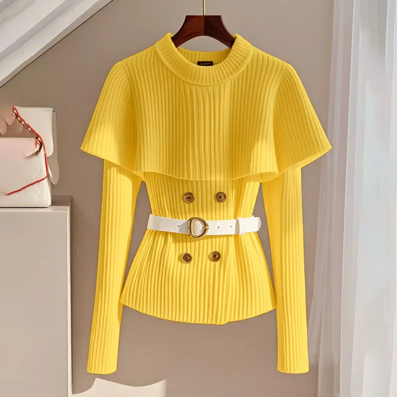 Chic Pullover Knitt Sweater Women Outer Wear Spring Autumn New Slim Long-Sleeved Cape Shawl Waist Soft Waxy Sweater Jacket Tops