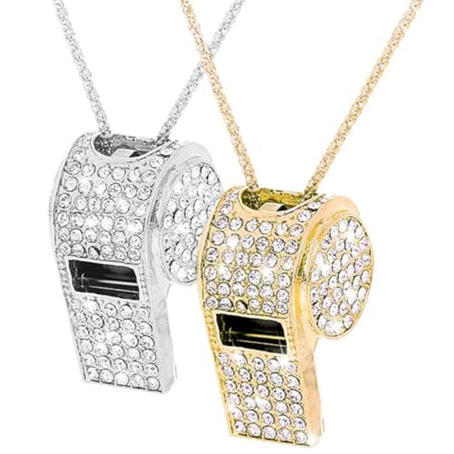 นกหวีด 2 ชิ้น พร้อมพวงกุญแจคริสตัลประดับเพชร นกหวีดโลหะโซ่ยาว ชุบทอง นกหวีดเงางามสำหรับโค้ช ผู้ตัดสิน