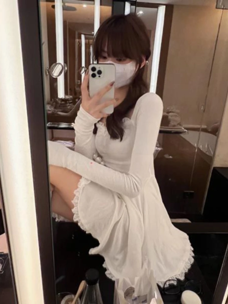 

autumn/winter Y2K spicy girl slim fit long sleeved dress emo American style retro spicy girl sexy solid color lace dress