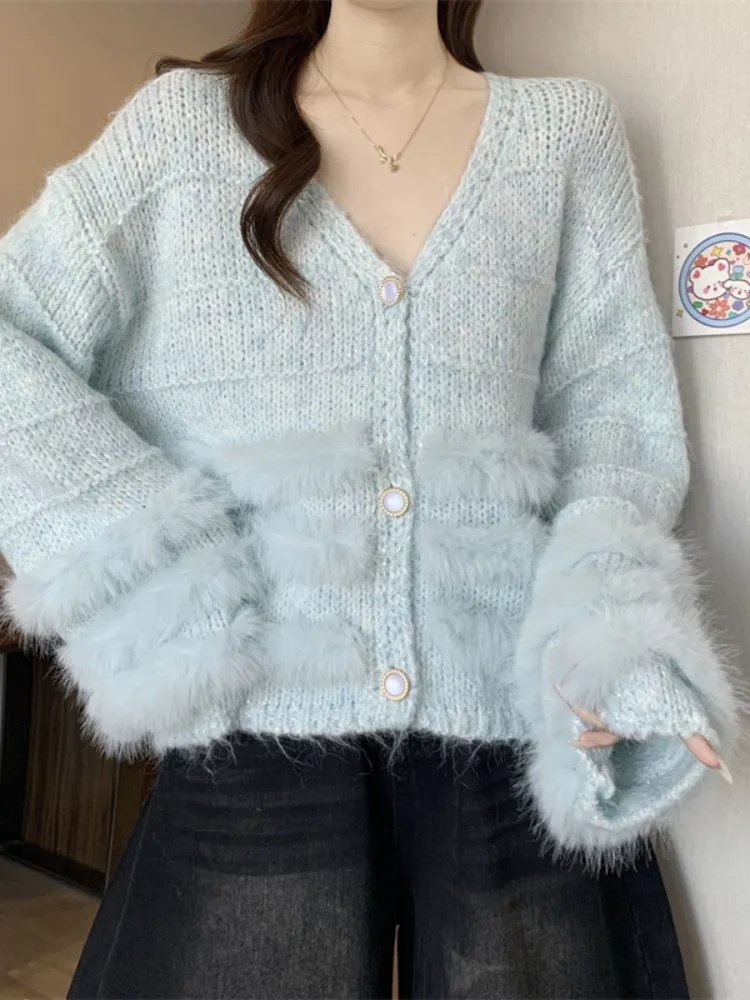 Thiened calor brilhante lantejoulas v-ne camisola de malha casaco feminino inverno outerwear macio e confortável longo sve cardigan