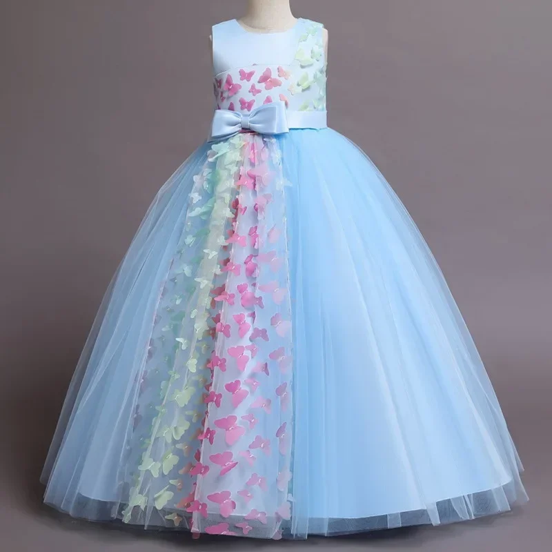 Vestidos de malha feminina com laço e flor, vestidos de baile sem mangas, vestidos de festa infantis, moda casamento, verão, 3 a 12 anos