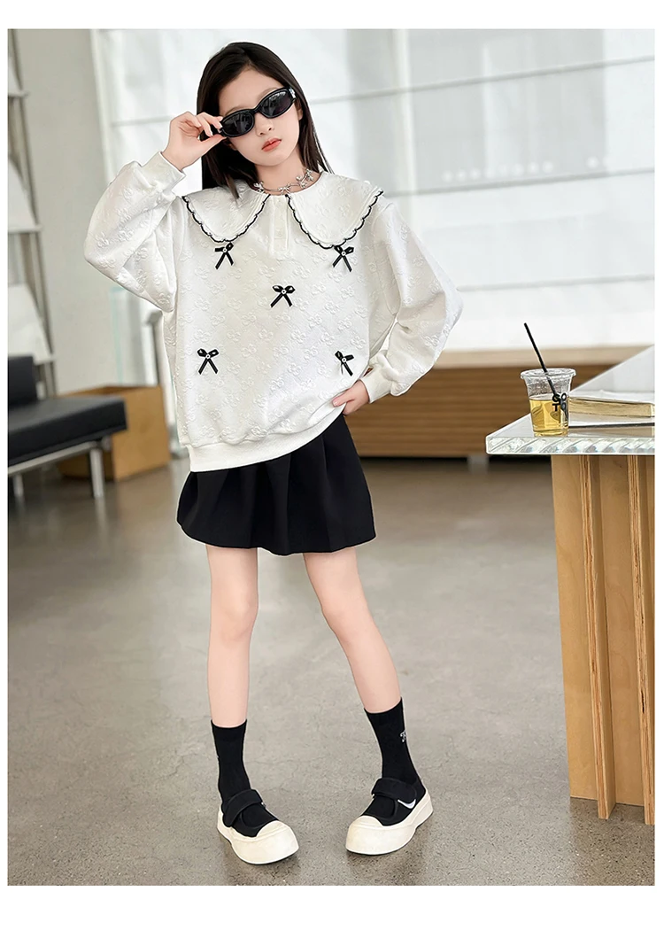 Lässiges Sweatshirt mit Peter-Pan-Kragen und Schleifen für Mädchen, neue Frühlingskollektion, atmungsaktive Kleidung, modisches Oberteil mit langen Ärmeln für Teenager und Kinder. – Detail 6