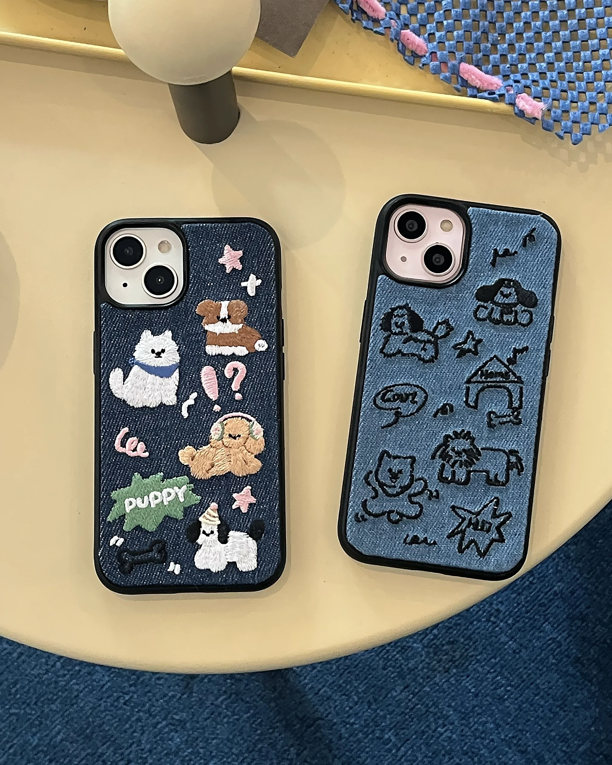 Fashionable INS Cartoon Lovely Dogs Denim Cloth Chic Case for iPhone 16 15 14 13 Pro Max Back Phone Cover for 12 11 Pro Max Capa