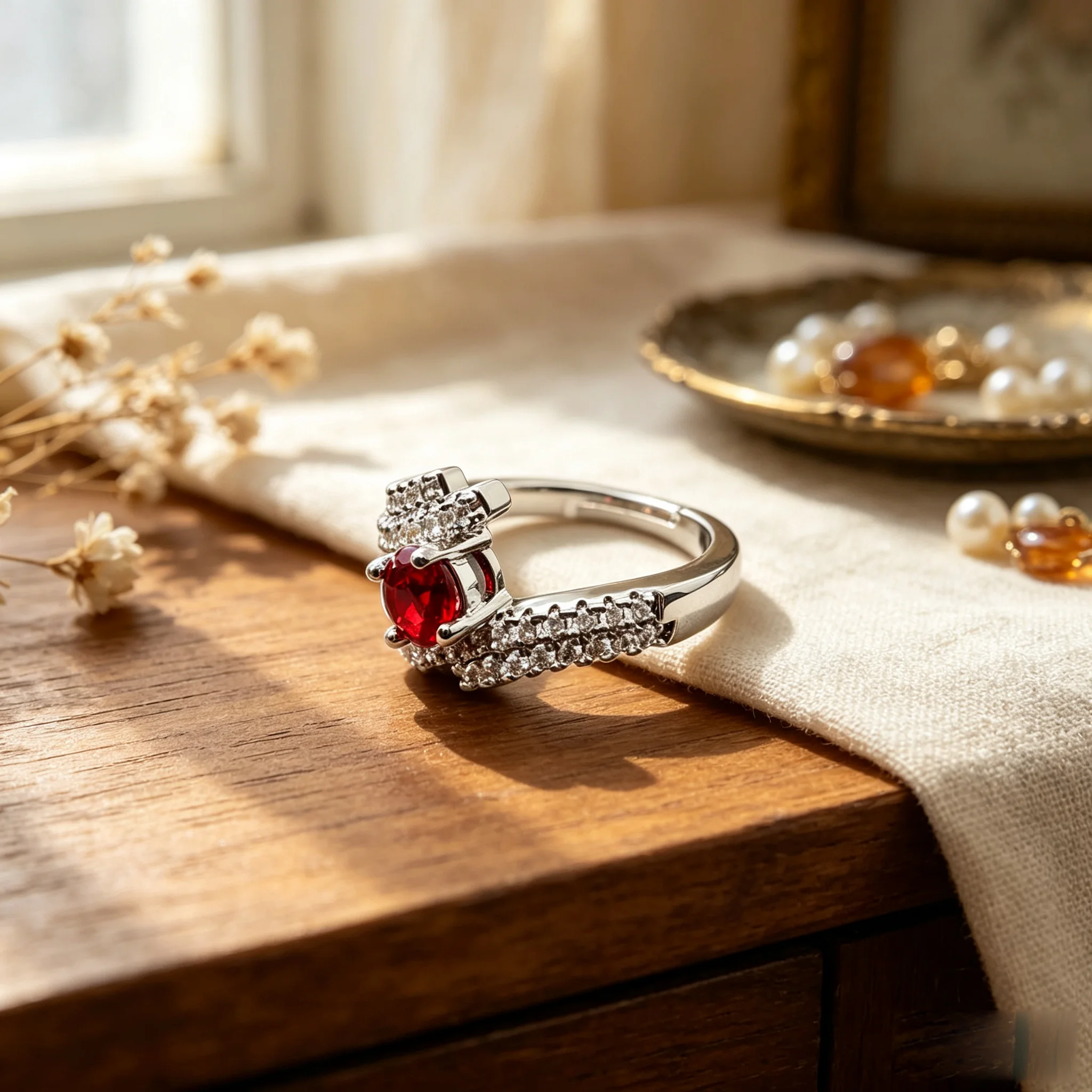 Vintage Silver Rotatable Flower Anxiety Ring Red Crystal Adjustable Open Finger Ring Women Fidget Spinner Stress Relief Gift