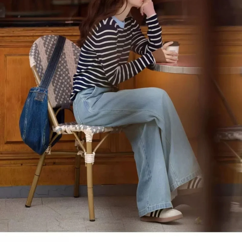 New Spring Autumn Women Spliced pullovers O-Neck Striped Fashion Loose Versatile Minimalist Casual Long-sleeved Knitted Top