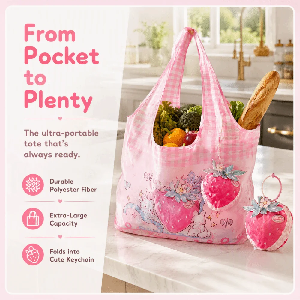 Kawaii Foldable Keychain Bag Fruit Shape Sweet Girls Cartoon Shopping Bag Pendant Strawberry Large Capacity