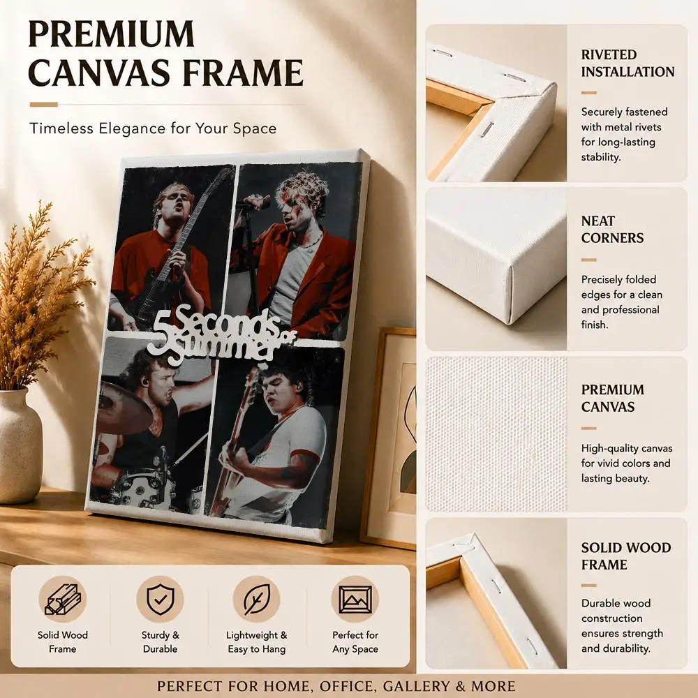 Pop Rock Band S-Seconds of Summer Framed Wall Painting Canvas Art Poster with Solid Wood Frame for Living Room Home Decor