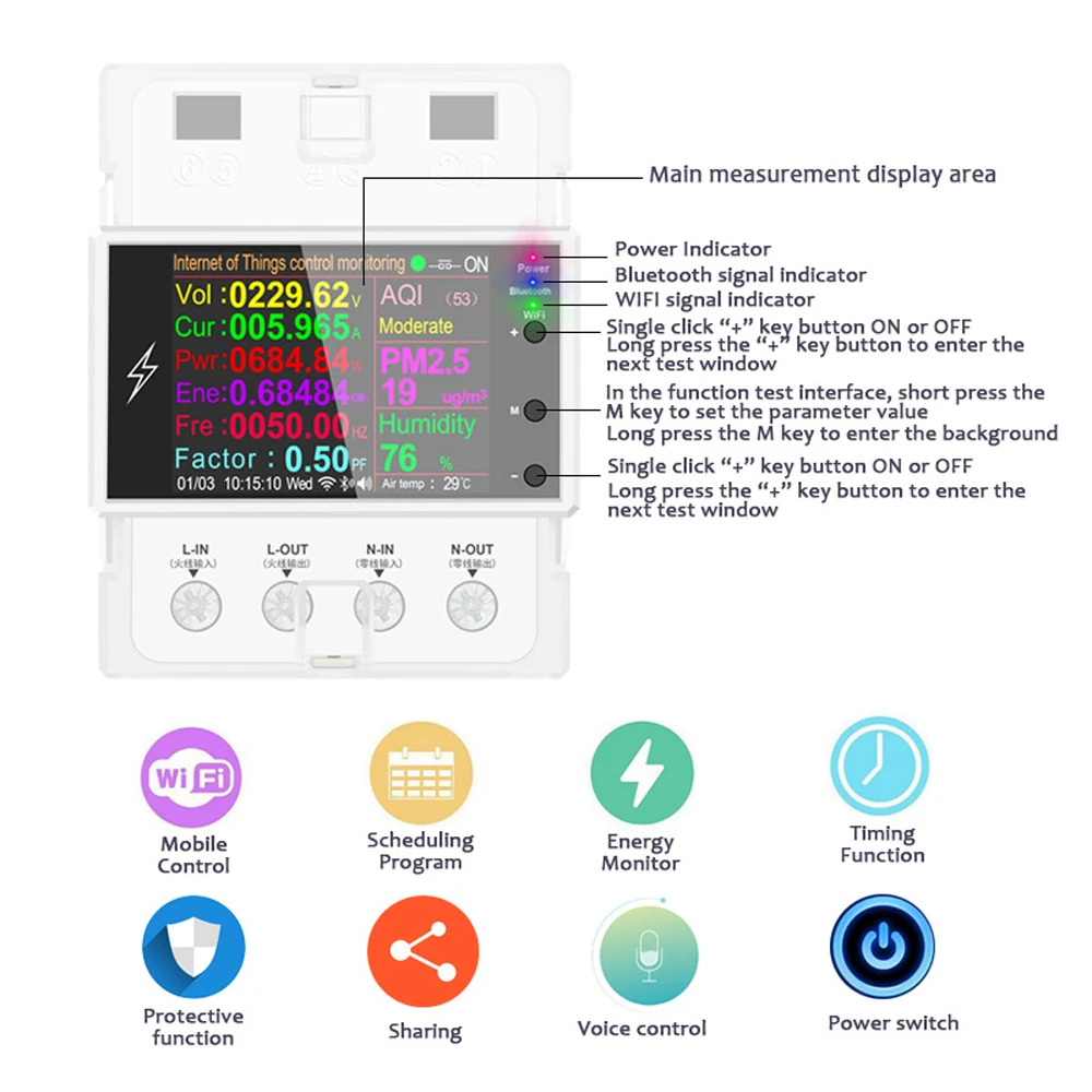 AT4PW Tuya WIFI medidor de energía Digital carril Din interruptor inteligente Control remoto AC85-265V voltios amperios Kwh medidor de factor de frecuencia