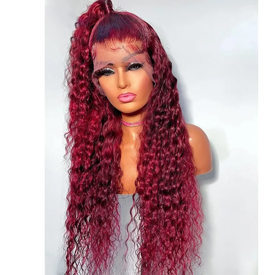 GIANNAY Parrucche anteriori in pizzo riccio rosso Parrucca in pizzo bordeaux Parrucca anteriore in pizzo sintetico a onde lunghe rosso scuro con capelli del bambino prepizzicati