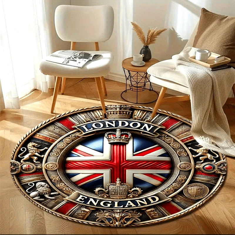 Union Jack Round Rug – Crystal Velvet Polyester Mat for Living Room, Bedroom & Balcony – British Themed Home Decor